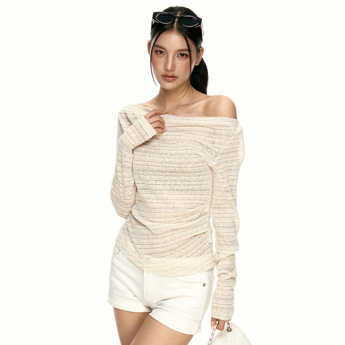 VELORA Off Shoulder Striped Long Sleeve Top
