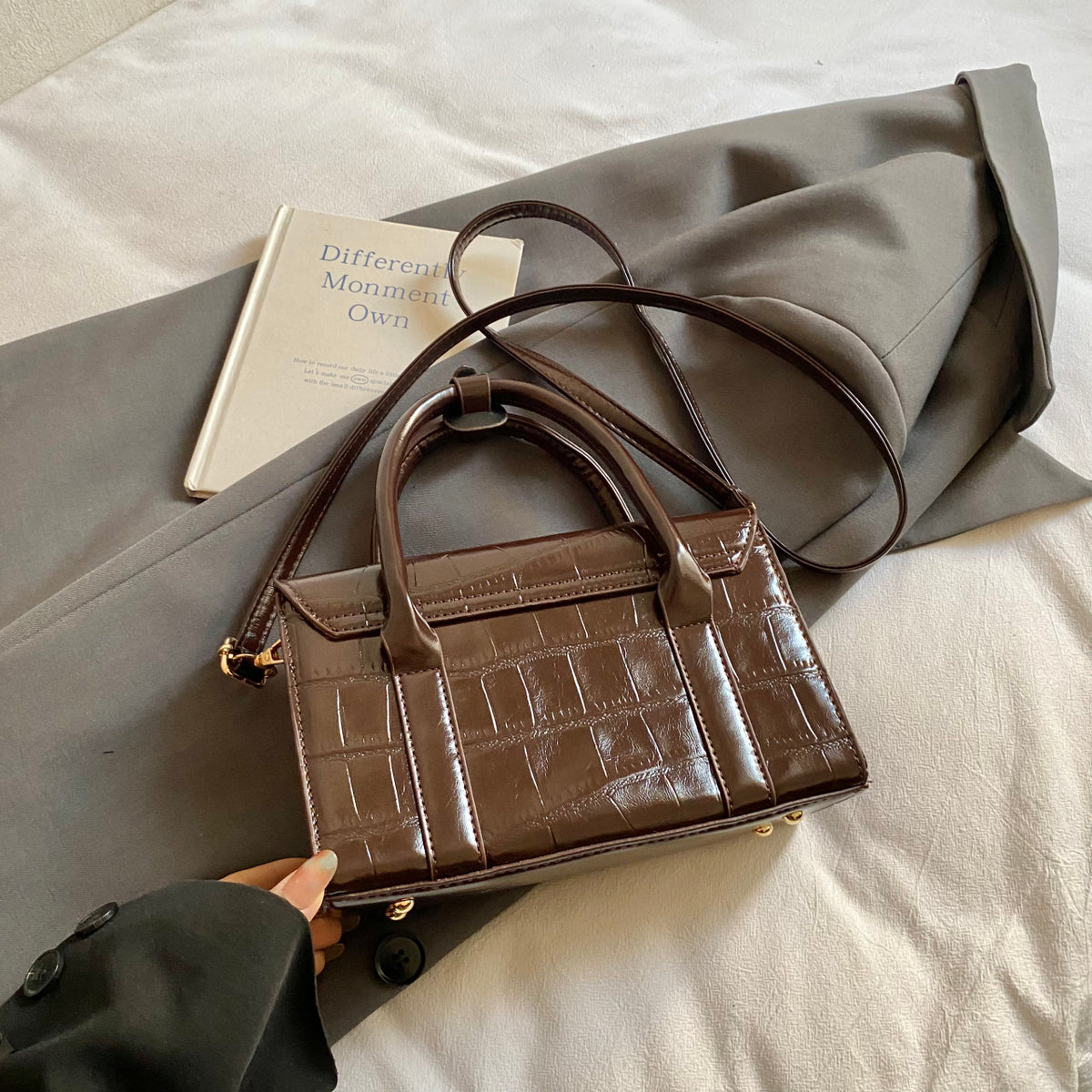 VELORA Luxury Croc‑Embossed Glossy Top‑Handle Handbag
