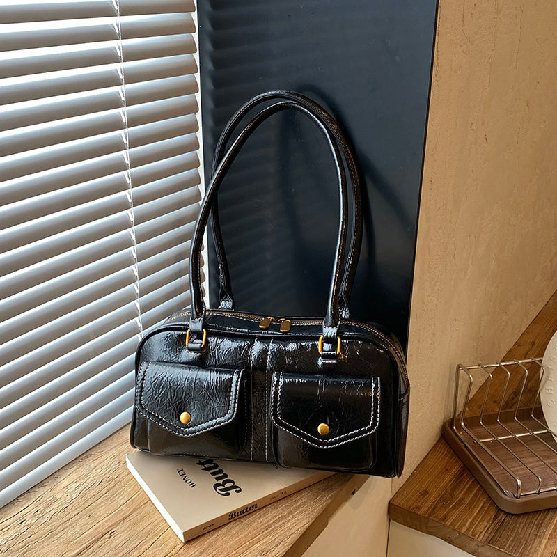 VELORA Retro Glossy Dual-Pocket Shoulder Bag