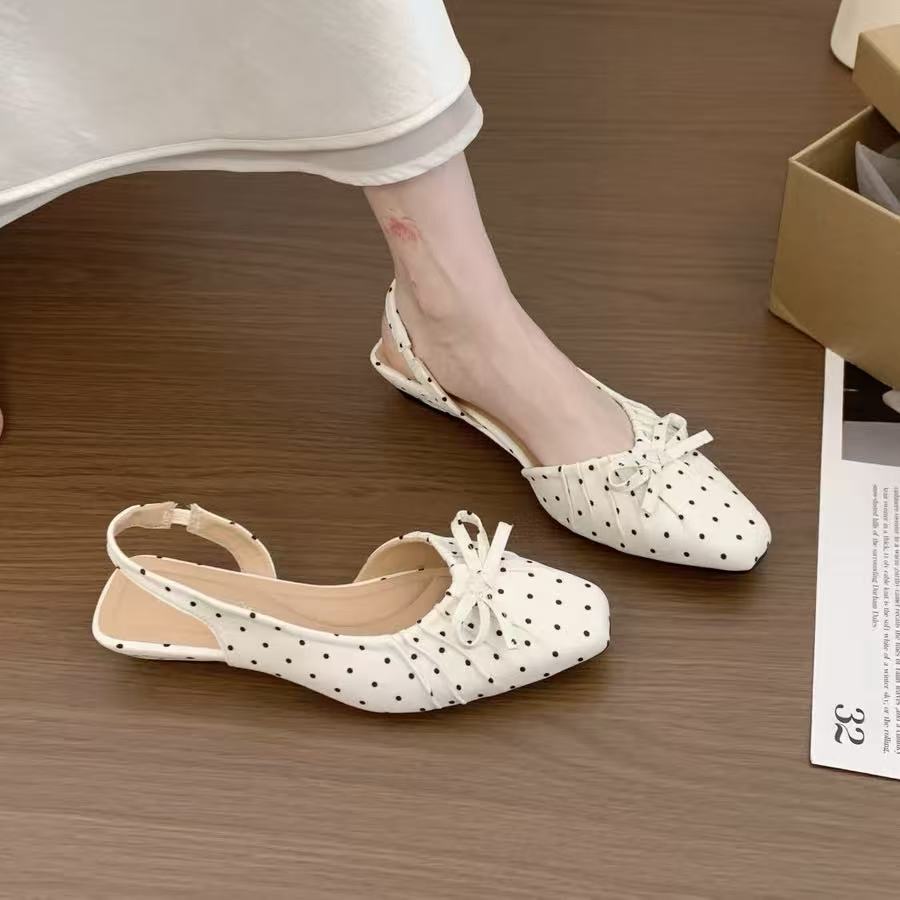 VELORA Polka Dot Bow Slingback Flat Shoes