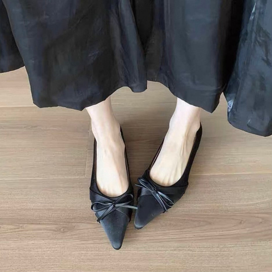 VELORA Satin Bow Pointed Toe Flat Shoes