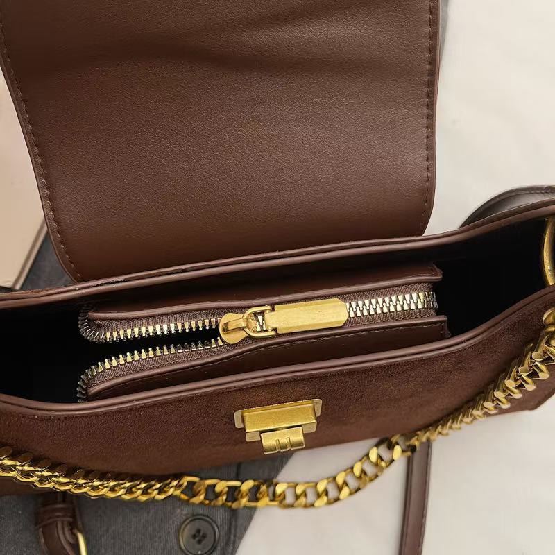 VELORA Vintage Suede & Leopard Print Chain Shoulder Bag