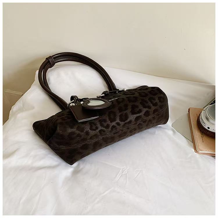 VELORA Y2K Leopard Print Baguette Tote Bag with Heart Charm