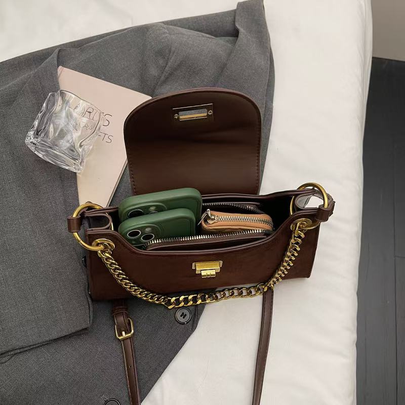 VELORA Vintage Suede & Leopard Print Chain Shoulder Bag