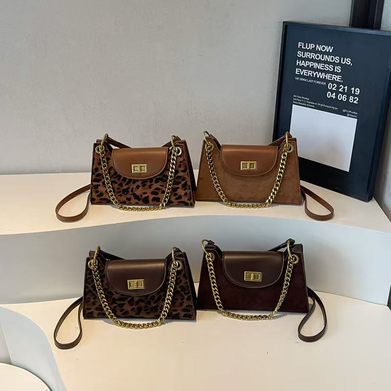 VELORA Vintage Suede & Leopard Print Chain Shoulder Bag