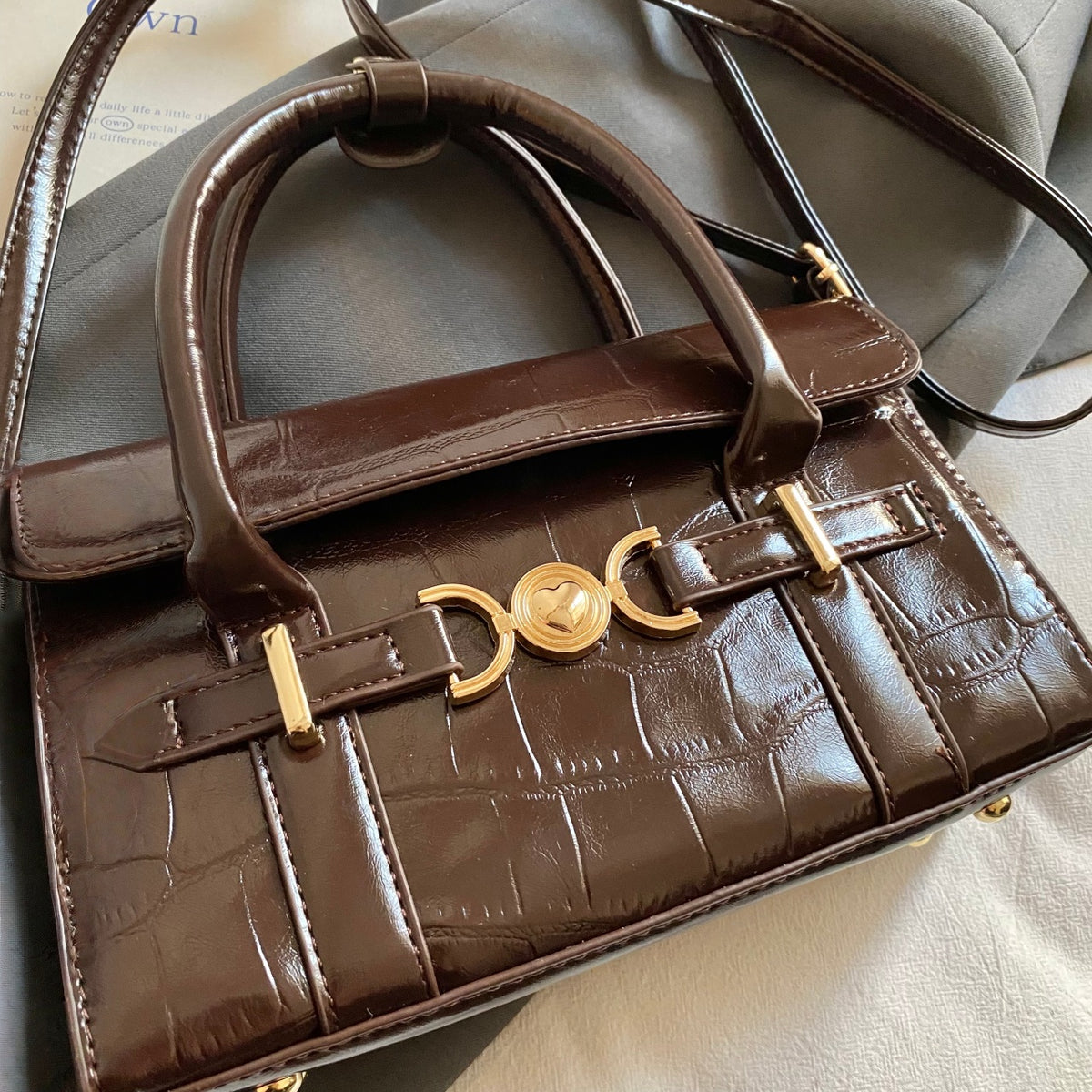 VELORA Luxury Croc‑Embossed Glossy Top‑Handle Handbag