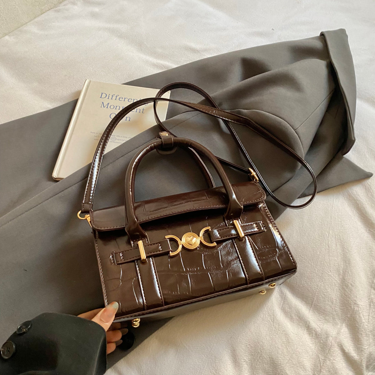 VELORA Luxury Croc‑Embossed Glossy Top‑Handle Handbag