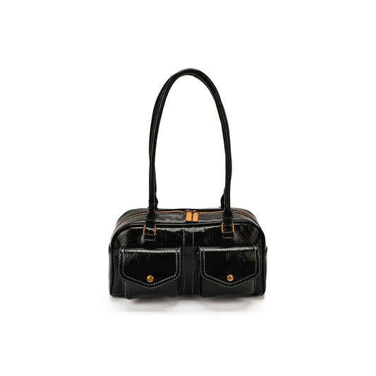 VELORA Retro Glossy Dual-Pocket Shoulder Bag