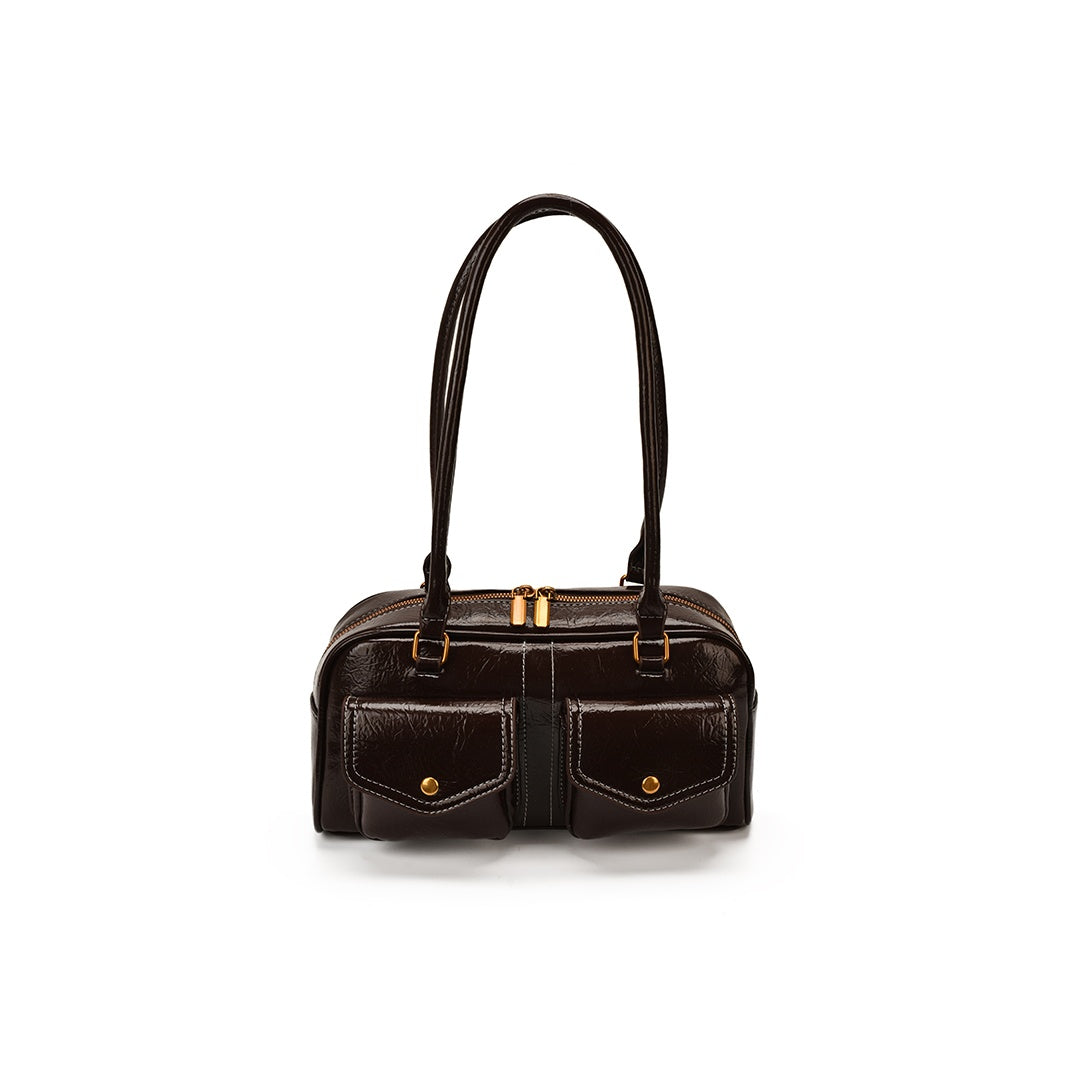 VELORA Retro Glossy Dual-Pocket Shoulder Bag