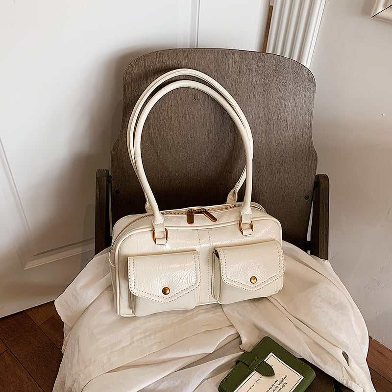 VELORA Retro Glossy Dual-Pocket Shoulder Bag