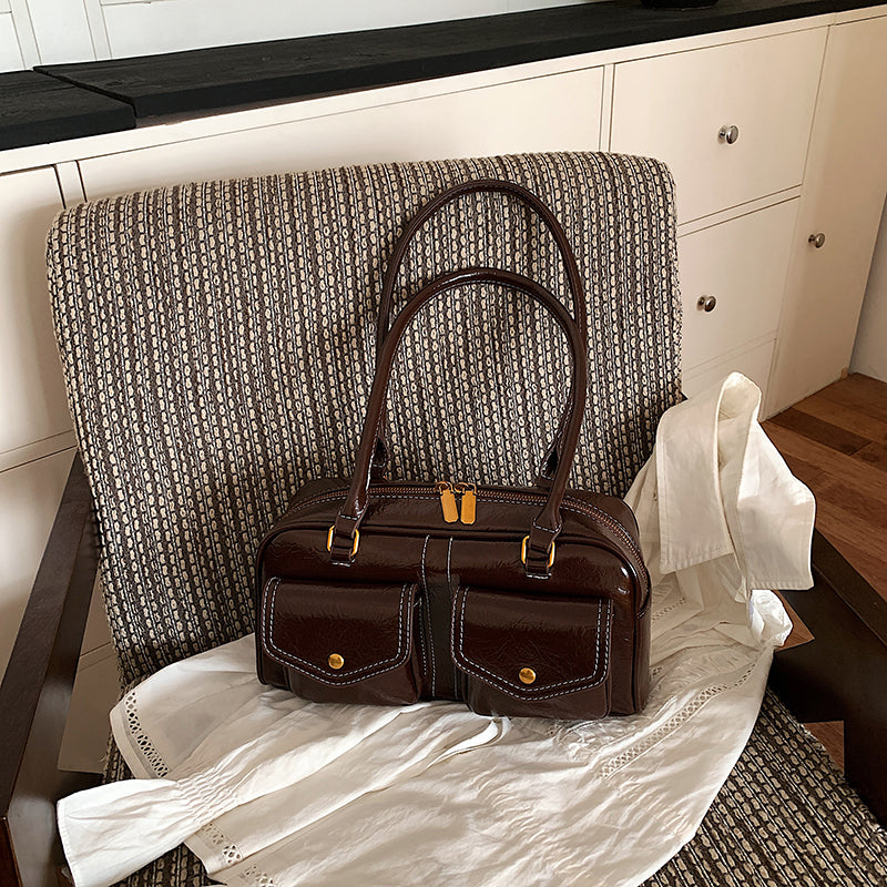 VELORA Retro Glossy Dual-Pocket Shoulder Bag