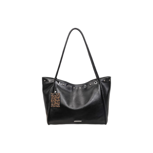 VELORA Vintage Rivet Tote Bag with Leopard Charm
