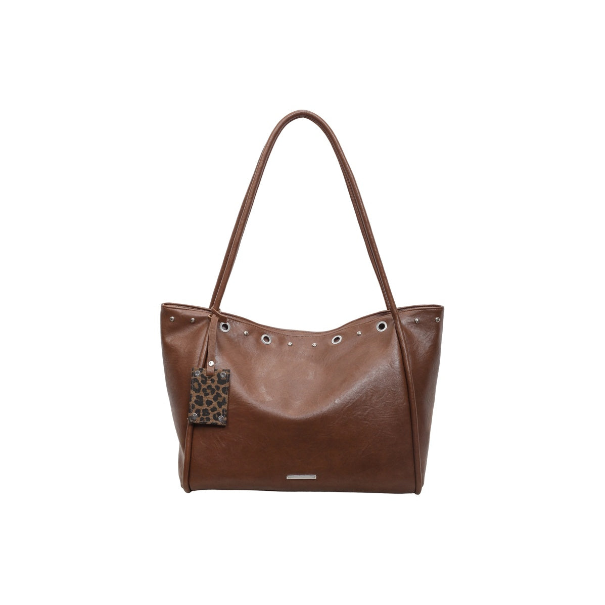 VELORA Vintage Rivet Tote Bag with Leopard Charm