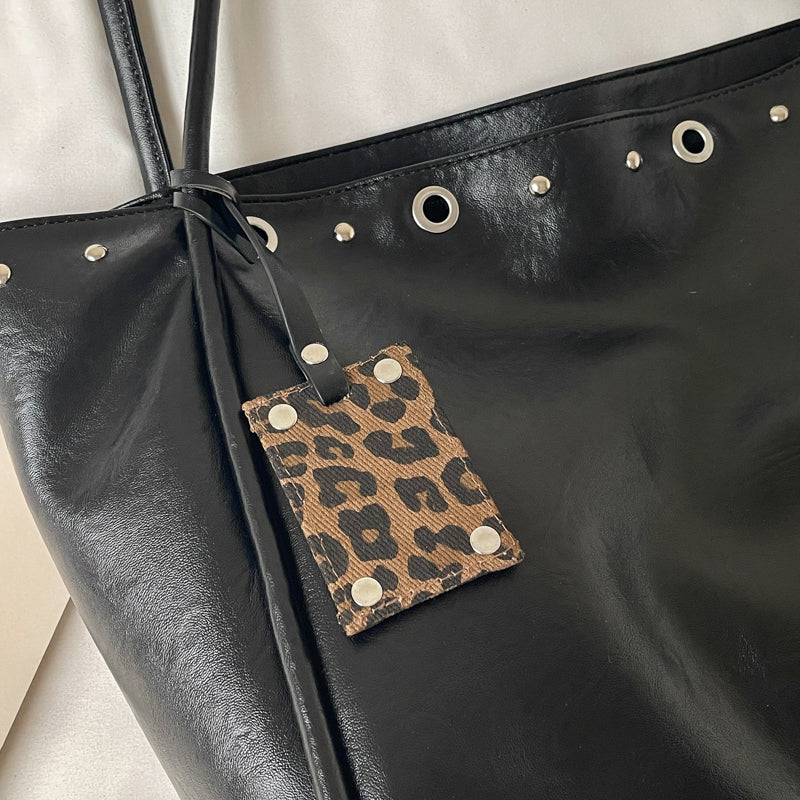 VELORA Vintage Rivet Tote Bag with Leopard Charm