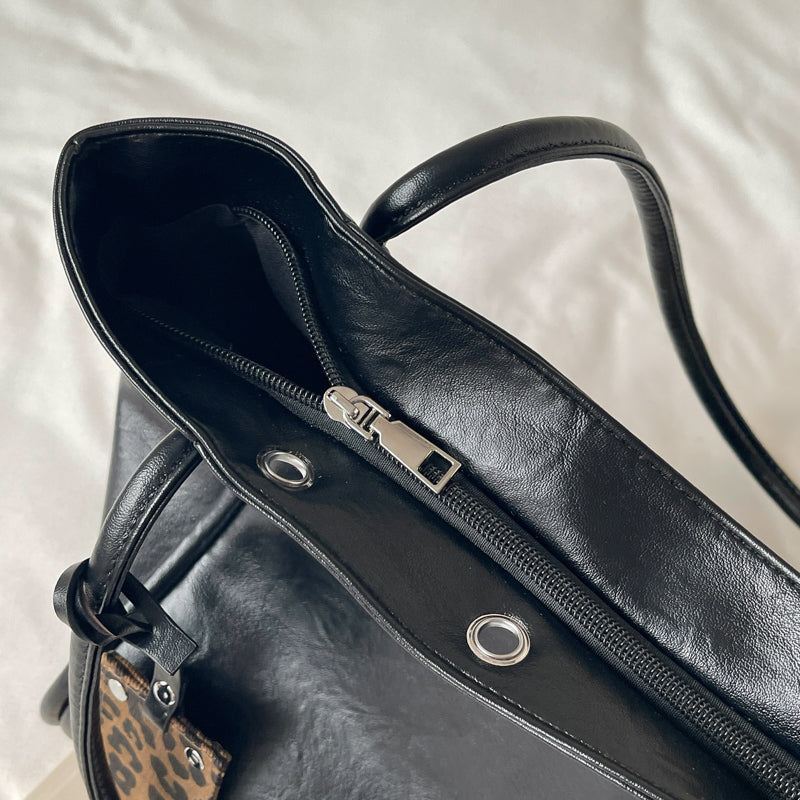 VELORA Vintage Rivet Tote Bag with Leopard Charm