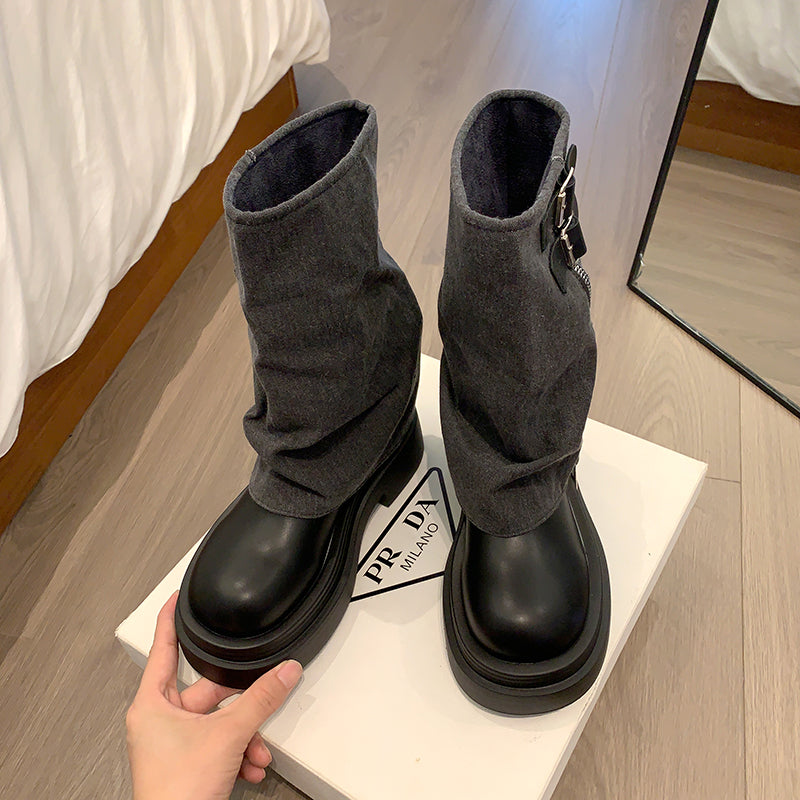 VELORA Vintage Buckle Stacked Heel Pants Boots
