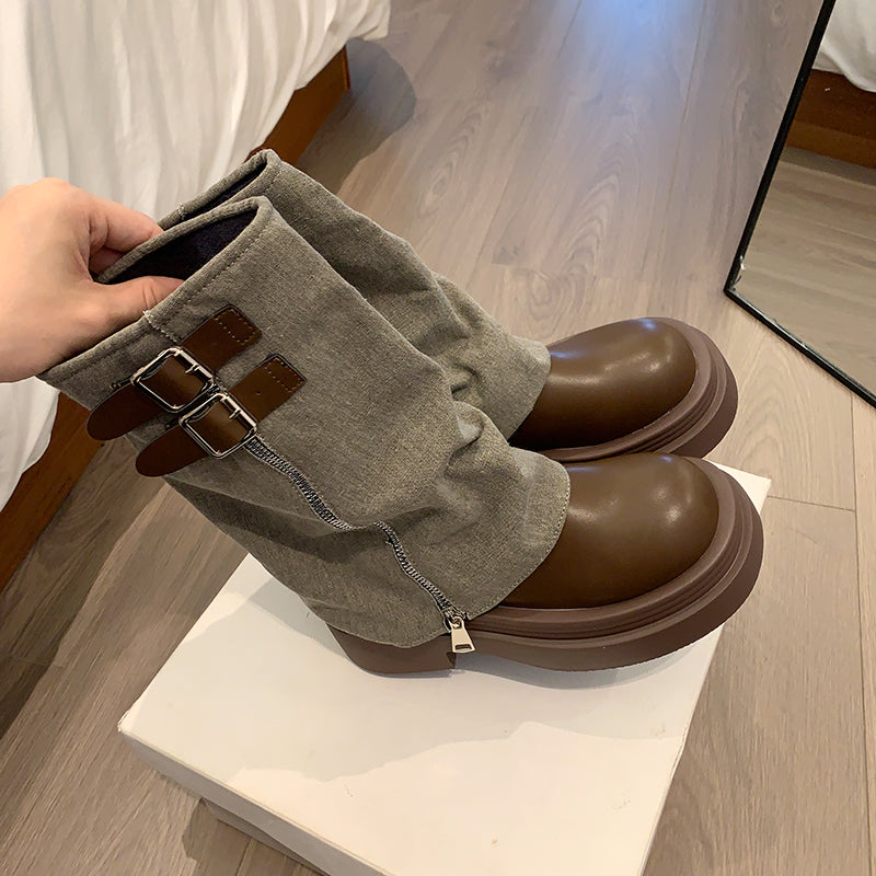 VELORA Vintage Buckle Stacked Heel Pants Boots