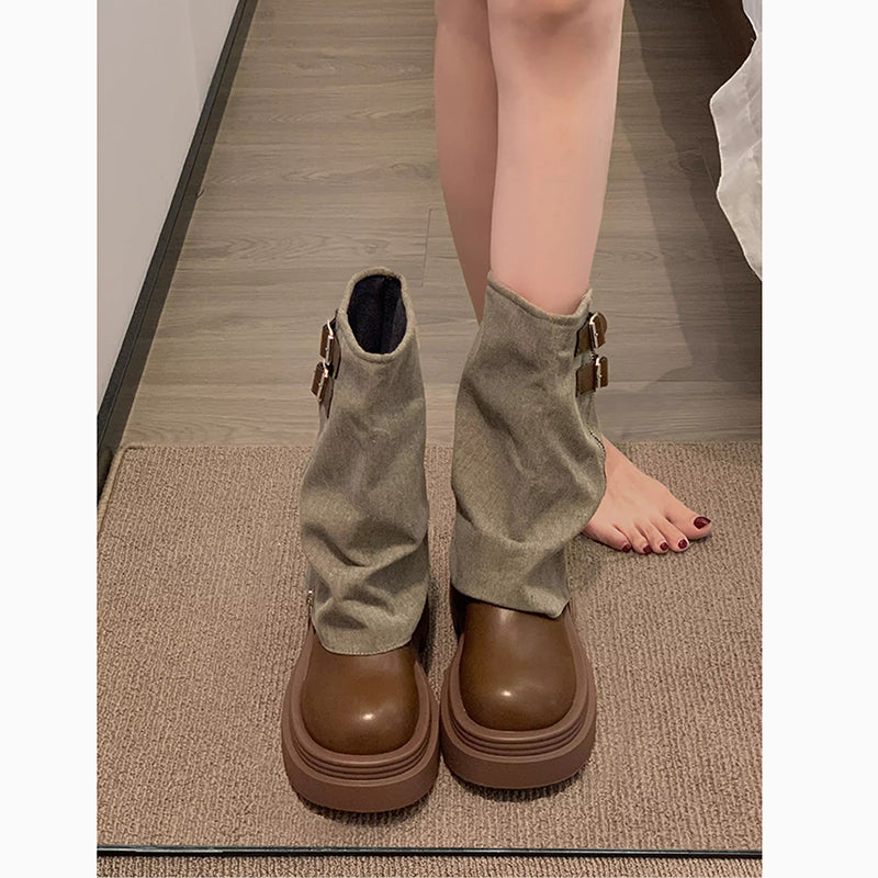 VELORA Vintage Buckle Stacked Heel Pants Boots