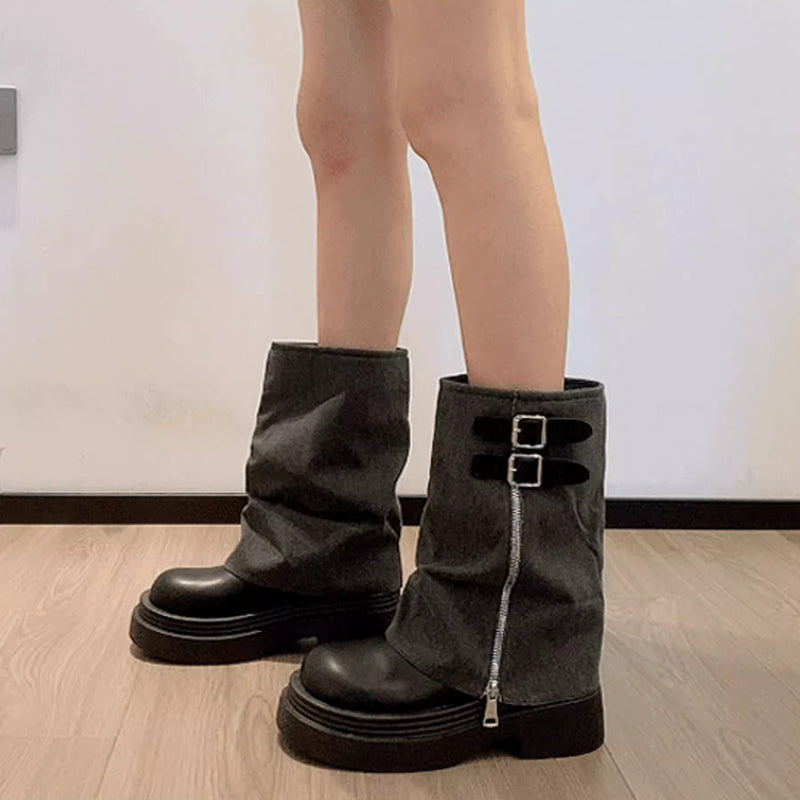 VELORA Vintage Buckle Stacked Heel Pants Boots