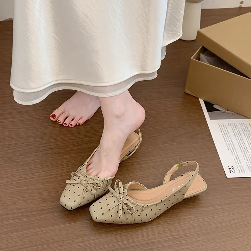 VELORA Polka Dot Bow Slingback Flat Shoes