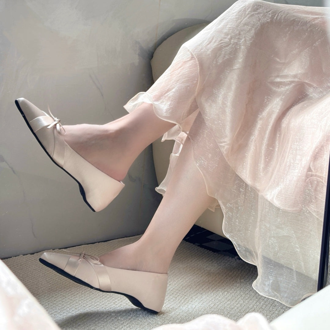 VELORA Satin Bow Pointed Toe Flat Shoes