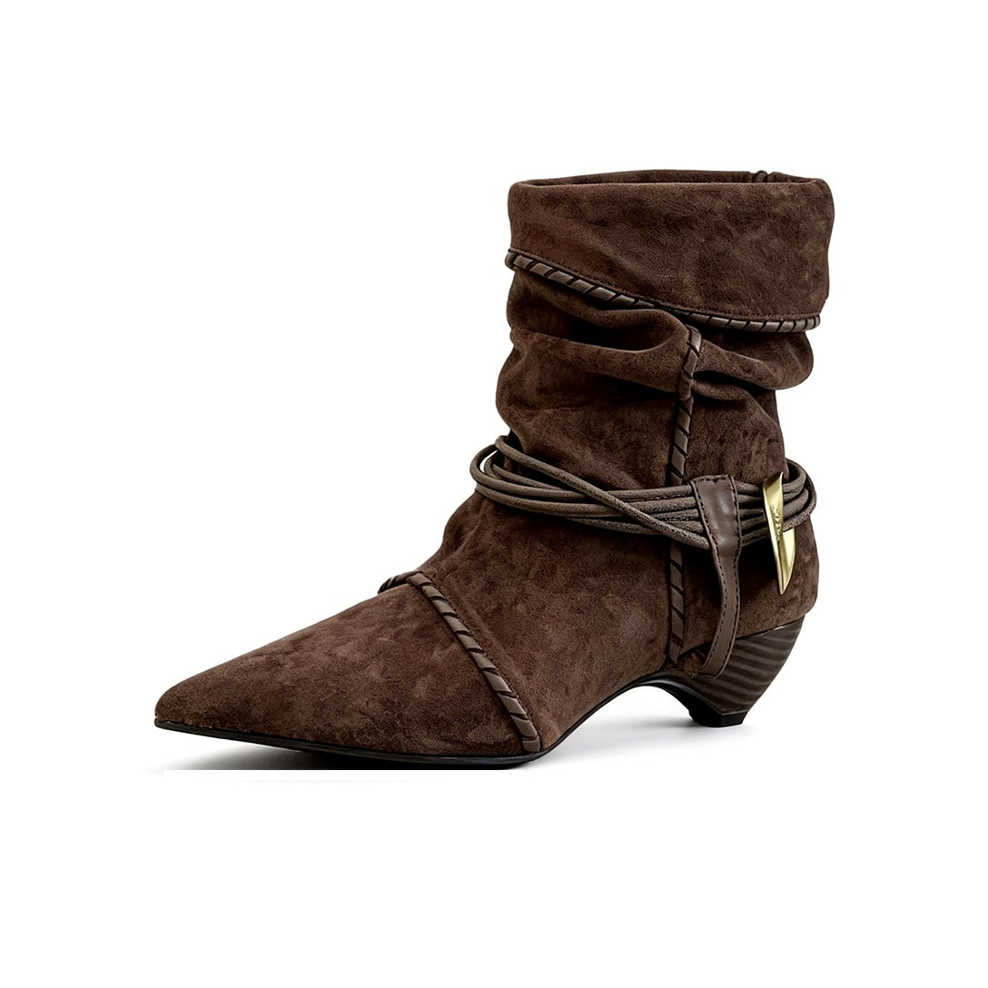 VELORA Vintage Wrapped Strap Pointed Toe Slouch Ankle Boots