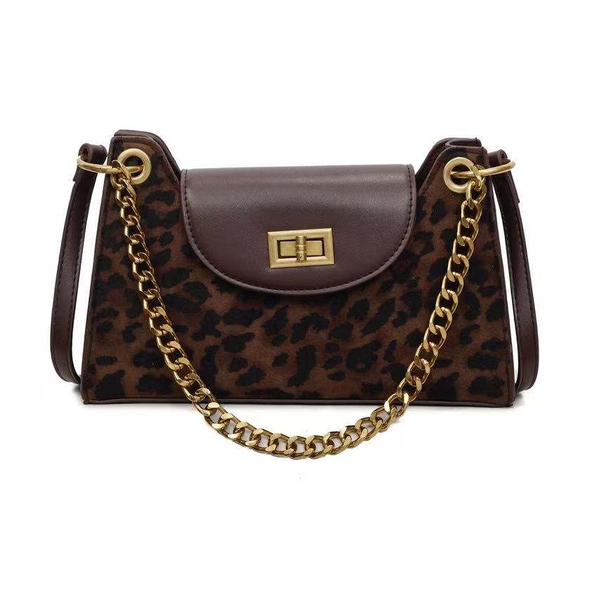 VELORA Vintage Suede & Leopard Print Chain Shoulder Bag
