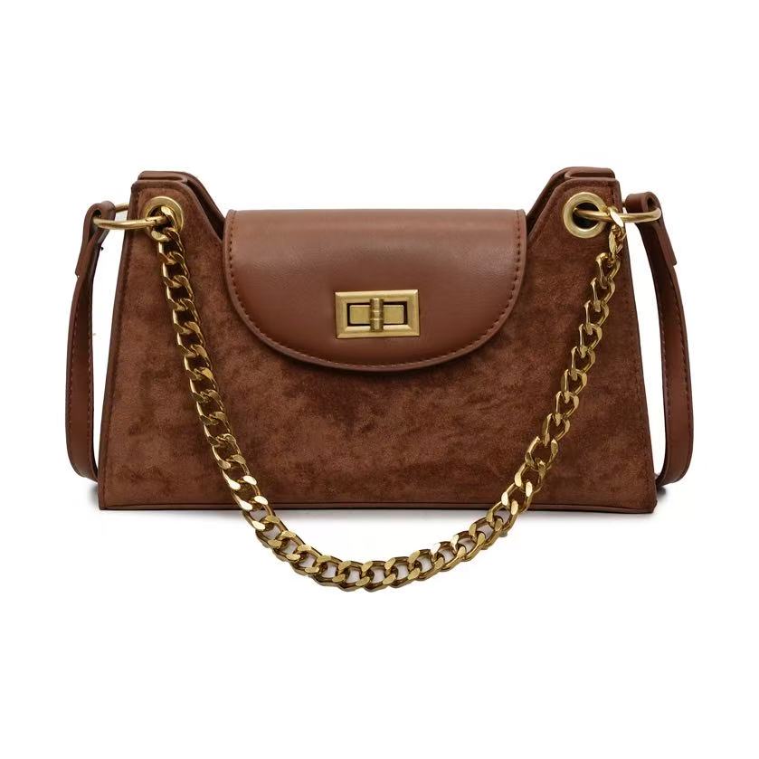 VELORA Vintage Suede & Leopard Print Chain Shoulder Bag