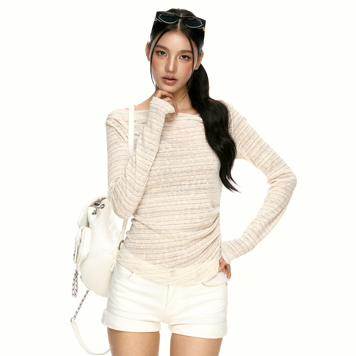 VELORA Off Shoulder Striped Long Sleeve Top