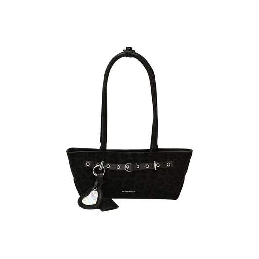 VELORA Y2K Leopard Print Baguette Tote Bag with Heart Charm