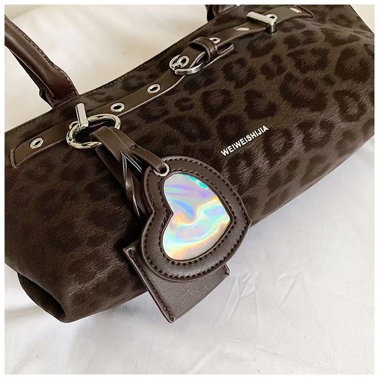 VELORA Y2K Leopard Print Baguette Tote Bag with Heart Charm