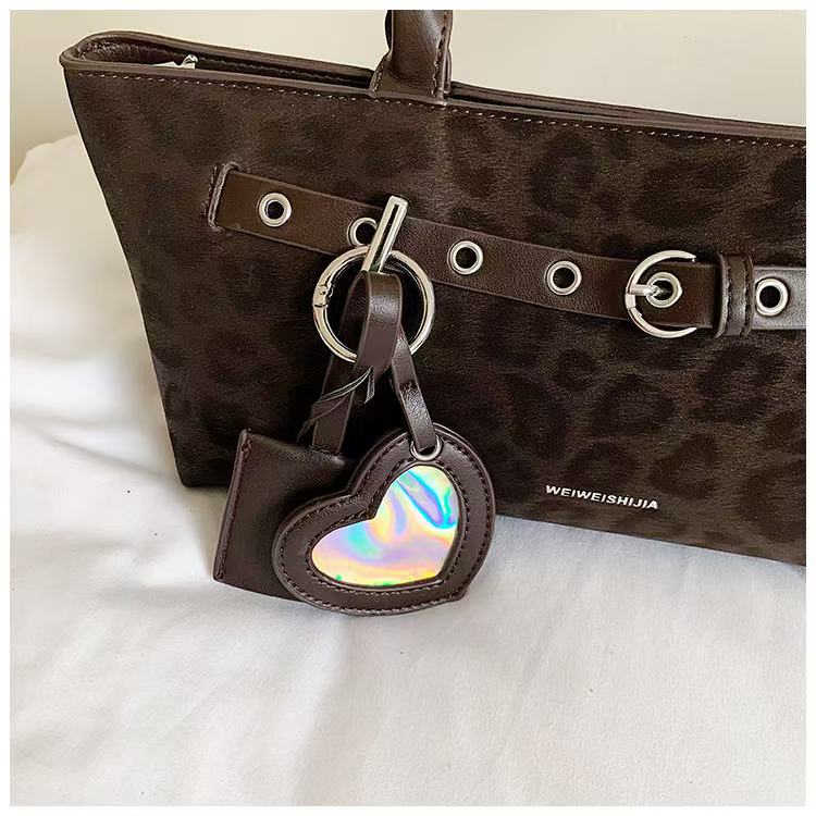 VELORA Y2K Leopard Print Baguette Tote Bag with Heart Charm