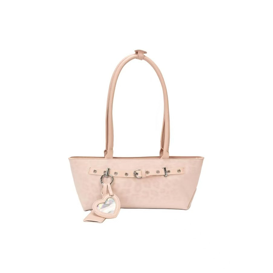 VELORA Y2K Leopard Print Baguette Tote Bag with Heart Charm