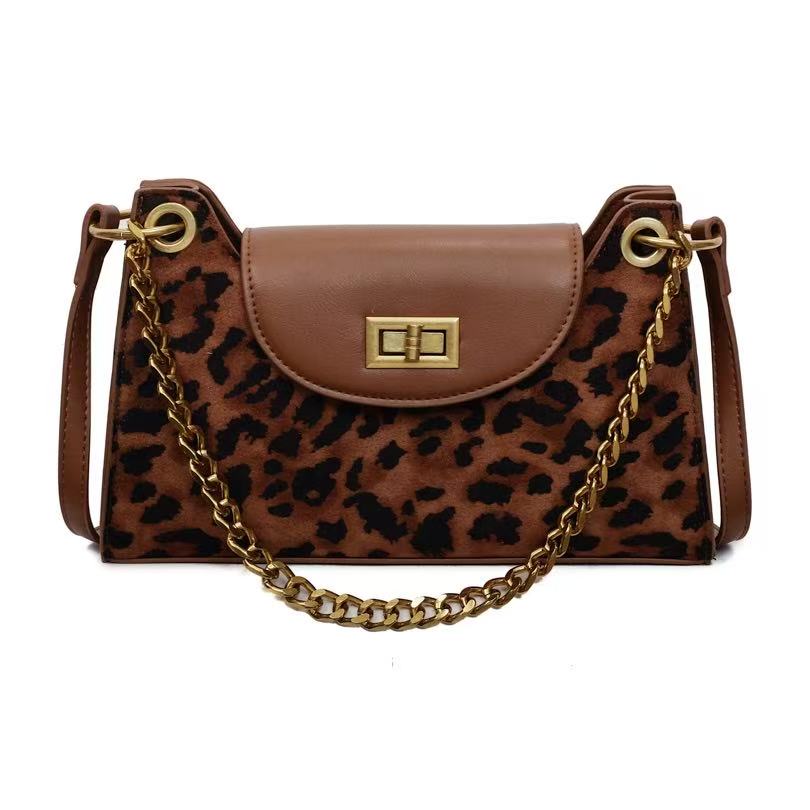 VELORA Vintage Suede & Leopard Print Chain Shoulder Bag