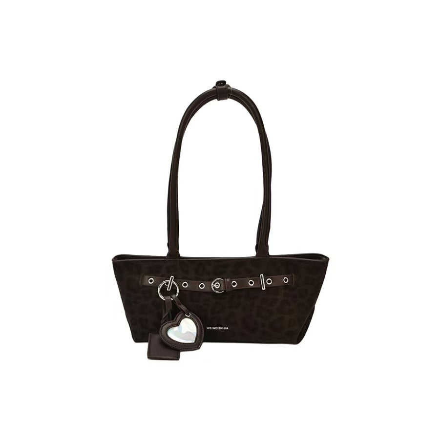 VELORA Y2K Leopard Print Baguette Tote Bag with Heart Charm